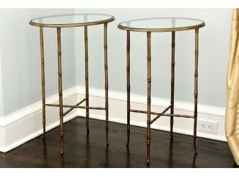 2 Oval Brass Glass Top Side Tables 17.5'x12.5'x26'
