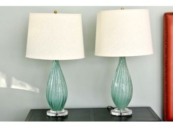 Pair MCM Curved Swirl Lamps With Lucite Base And Linen Shade