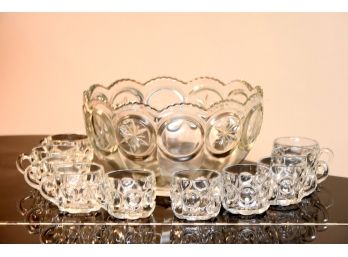 Vintage Glass Punch Bowl With 10 Matching Cups