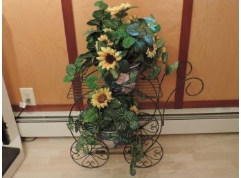 Wrought Iron Cart Plant Stand With Faux Plants