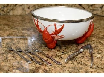 Vintage Lobster Bowl With Lobster Forks And Cracker