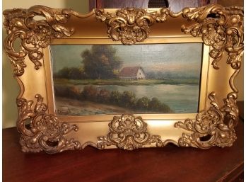Antique Oil On Canvas ' On The Lake' Signed