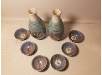 Vintage Hand Painted, Signed Japanese Kutani Saki Set 2 Carafe 6 Cups