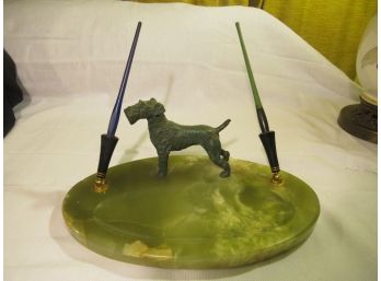 Antique Bronze Dog On Green Onyx Dual Fountain Pen Set