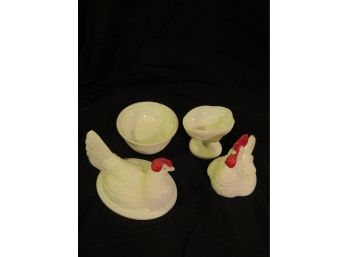 Pair Of Vintage Milk Glass Covered Cock Bowls
