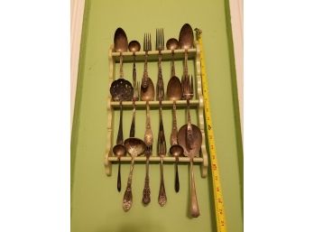 Vintage Hanging Spoon Rack With Silver And Silver Plate Pieces