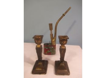 Antique Brass Jennings Brothers Candle Sticks And Antique Lighter