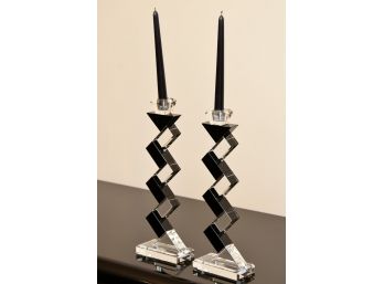 Pair Of Gorgeous Zig Zag Black And Clear Lucite Candlesticks