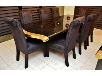 Custom Italian Lacquer With Gold Leaf  Dining Table With 8 Velour Chairs