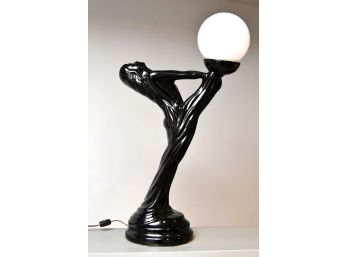 Vintage Black Nude Woman Figural Art Deco Black Lamp Statue