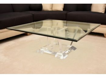 Sculptural Lucite Base With Beveled Glass Top Coffee Table 42 X 42 X 15