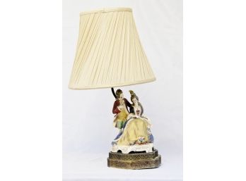 Victorian Scene Porcelain And Brass Table Lamp