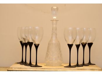 Black Stem Wine Glass Set With Crystal Decanter
