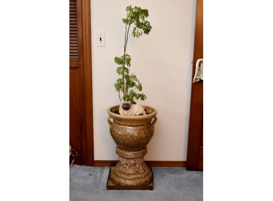 Large Ceramic Planter With Plant, Basin And Ceramic Cat