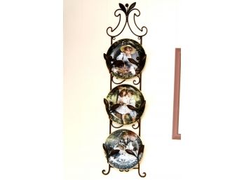 Trio Of Porcelain Collector Plates With 10x40 Wall Rack Display