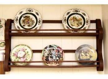 5 Porcelain Collector Plates With 35x20  Pine Wall Shelf Display