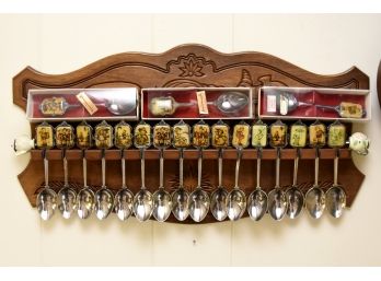 Vintage Silver Plate Hummel Collector Spoons With Display Shelf