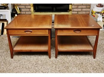 Pair Of MCM Tables With Rattan Bottom Shelf 24x28x18