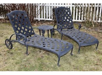 Pair Of Heavy Black Wrought Iron Chaise Lounge Chairs With Side Table