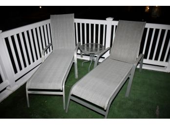 Pair Of Aluminum Chaise Lounges With Side Table