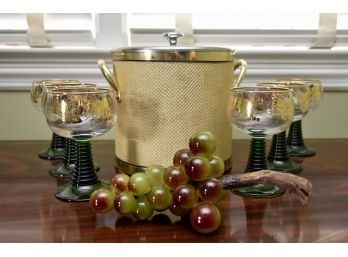 MCM Emerald Green Glass Set With Ice Bucket And Cluster Of Glass Grapes