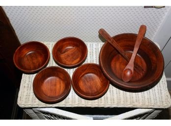 Vintage Wooden Bowl Set With Serving Utensils