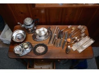 Vintage Silver Plate Grouping Including New Towle Sterling Spoons