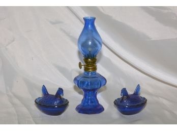 Cobalt Blue Glass Cock Salt Cellar Covered Dish With Small Blue Lantern