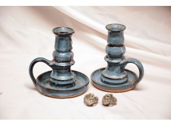 Blue Salt Glaze Candle Sticks With Silver Duck Candle Rings