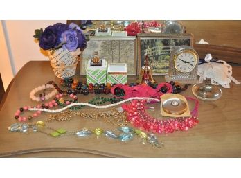 Lot Of Costume Jewelry, Clock, Perfume And More