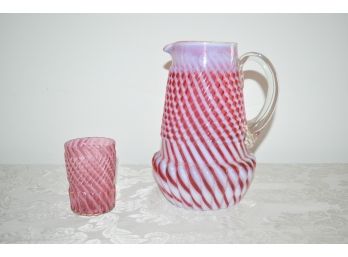 South Jersey Glass Red And White Pitcher And Glass