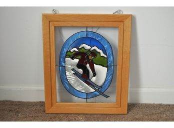 Vintage Stained Glass Panel With Downhill Skier