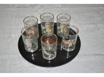 6 MCM Gold Rim Owl Glasses With Plate