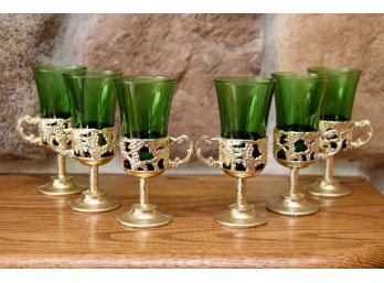 6 Emerald Green Cordial Glasses  With Gilt Metal Glass Holder