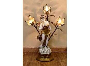 French Antique Porcelain And Brass Lamp