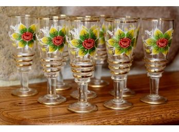 9 Vintage Floral Decorated Cordial Glasses