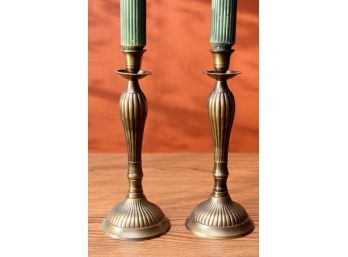 Pair Of Vintage Brass Candlesticks With Green Candles