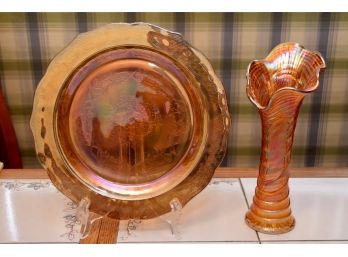 Iridescent Carnival Glass Vase And Plate