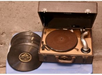 Vintage Portable Victrola With 78 Rpm Records