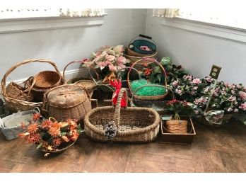 Large Assortment Of Wicker Baskets And Faux Floral Arrangements