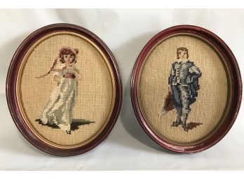 Pair Of Vintage Oval Tapestry Wall Hangings