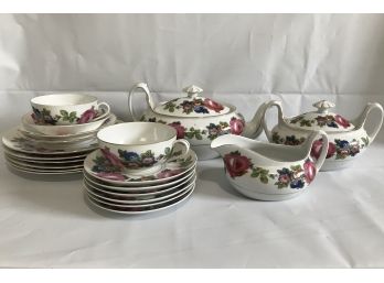 Flower Teapot And Dishes (One Is Chipped)