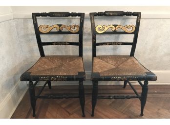 Pair Of Gold Leaf Stenciled Hitchcock Style Wicker Seat Side Chairs