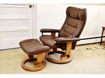 Brown Leather Recliner And Ottoman After Ekornes Stressless Type-for Repair