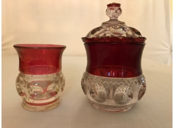 Pair Of Lovely Cranberry Glass Crystal Items
