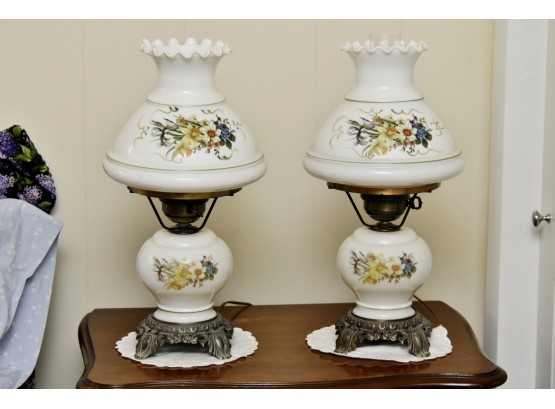 Pair Of Matching Floral Painted Hurricane Lamps 20' Tall