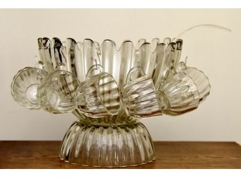 Vintage Glass Punch Bowl With Cups And Pedestal