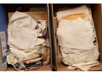 2 Boxes Of Vintage Linens, Napkins And Aprons
