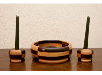 Two Toned Wooden Bowl And Candlesticks