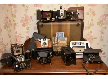 Vintage Camera Lot With Old Suitcase